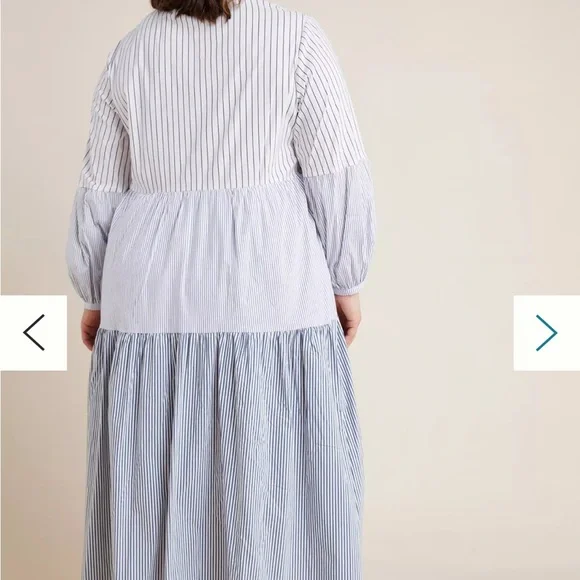 Maeve for Anthropologie Bonnie Striped Blue and White Tiered Midi Dress - Picture 5 of 7